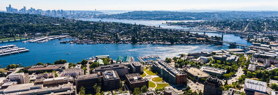 Aerial photo of the south side of the UW campus with Seattle in the distance