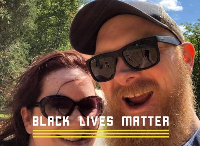 A selfie of Jesse Anarde and his wife smiling, with the text "Black Lives Matter" superimposed in yellow writing